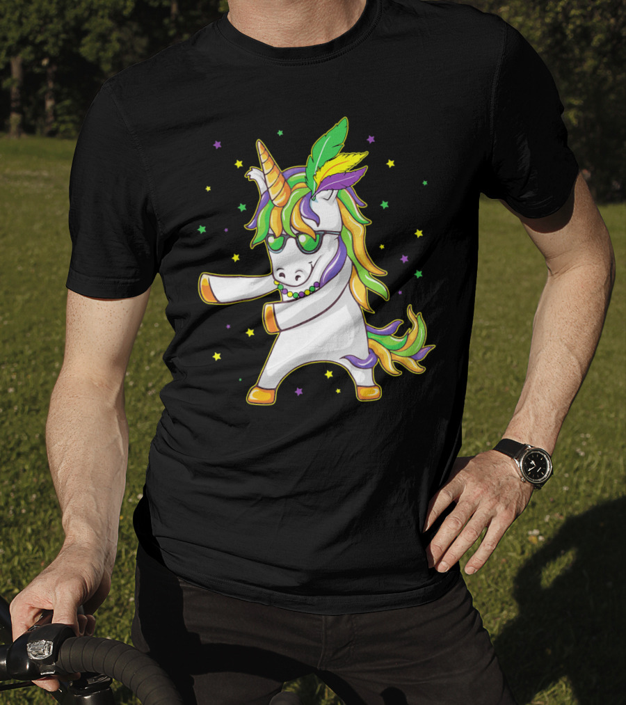 Mardi Gras Unicorn Dabbing And Flossing Colorful Festive Dance T-Shirt