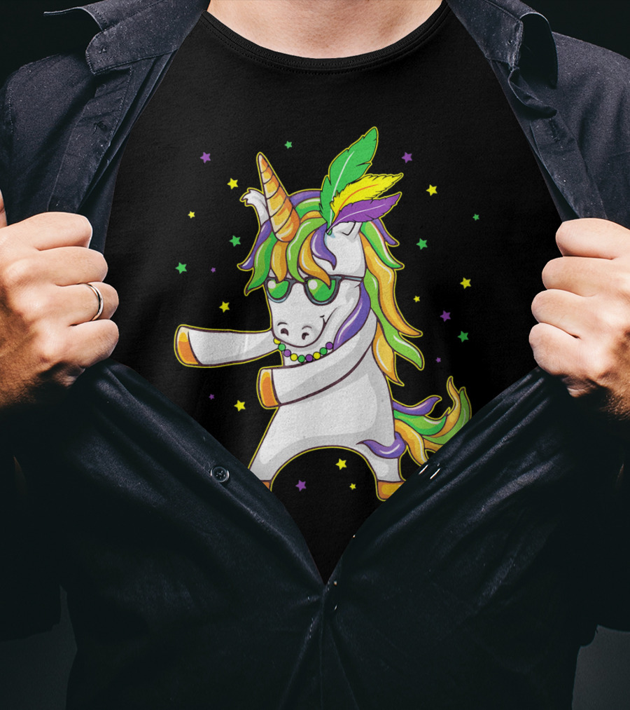 Mardi Gras Unicorn Dabbing And Flossing Colorful Festive Dance T-Shirt