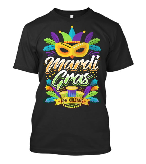 Mardi Gras New Orleans Mask Drums Feathers Party T-Shirt