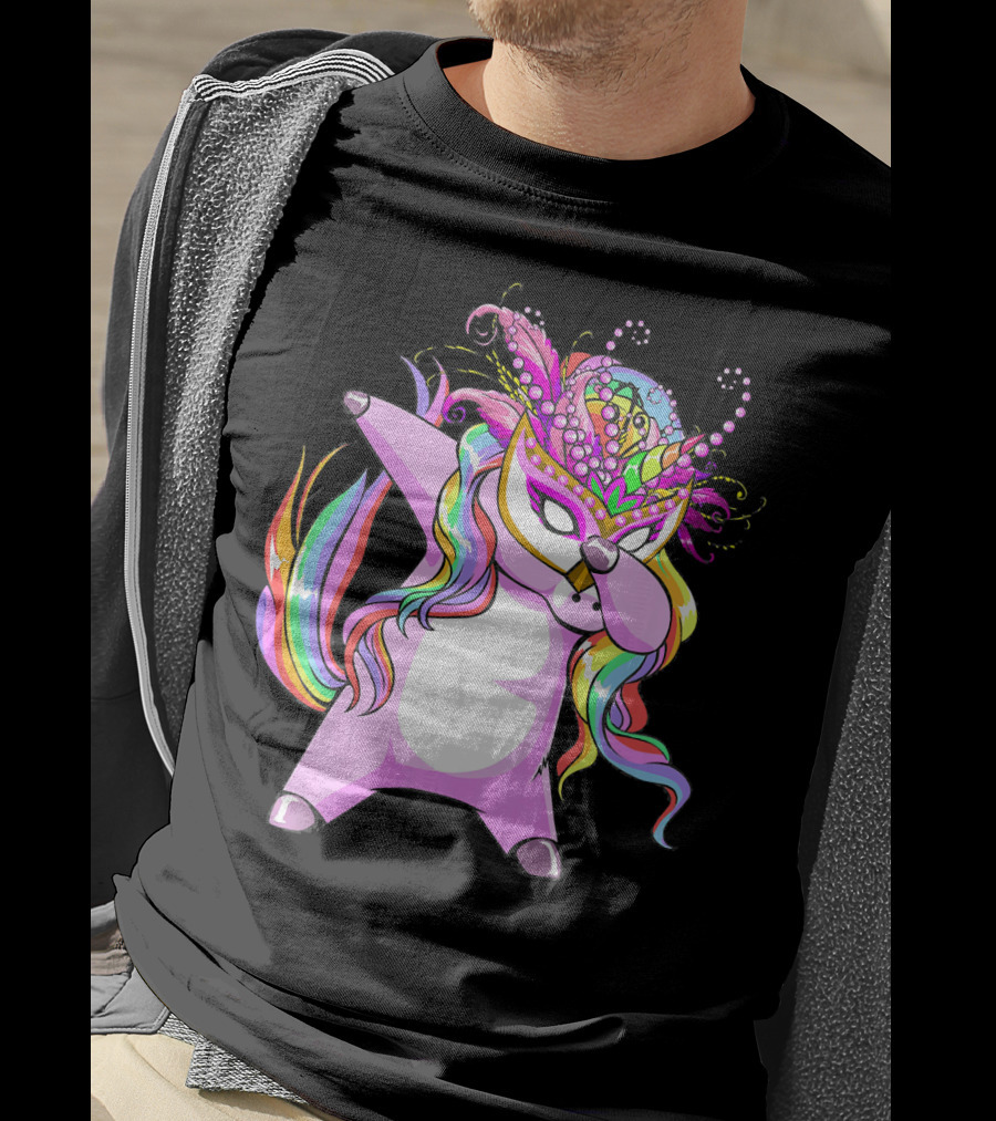 Dabbing Mardi Gras Masked Unicorn With Colorful Mane T-Shirt