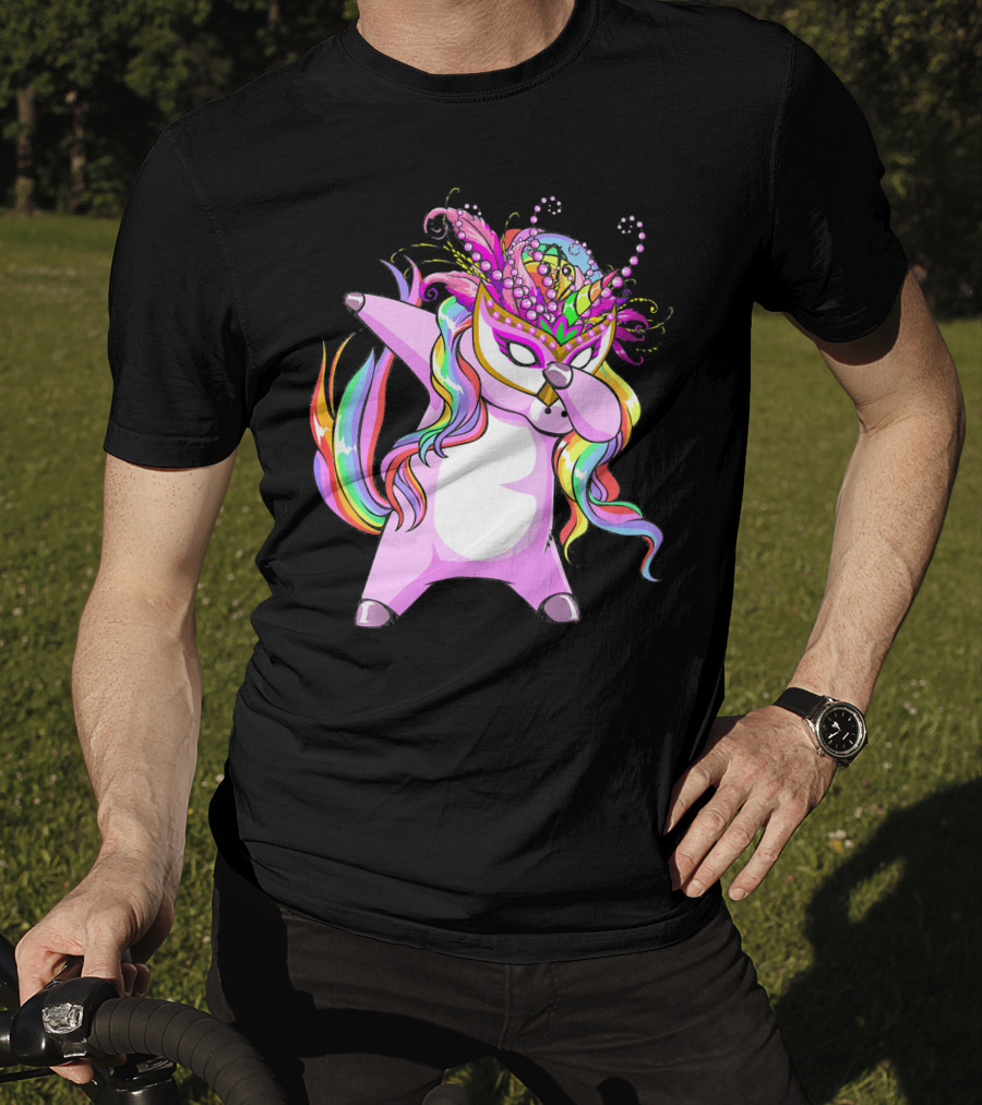 Dabbing Mardi Gras Masked Unicorn With Colorful Mane T-Shirt