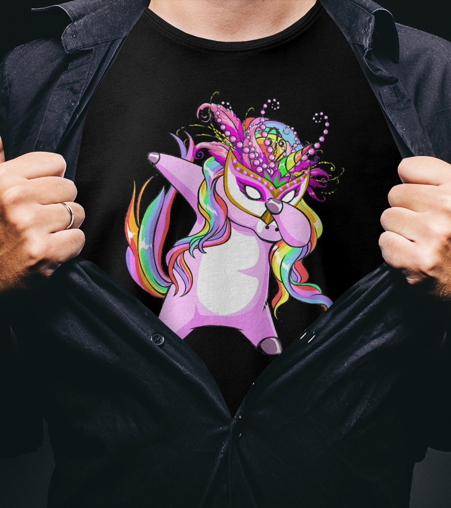 Dabbing Mardi Gras Masked Unicorn With Colorful Mane T-Shirt