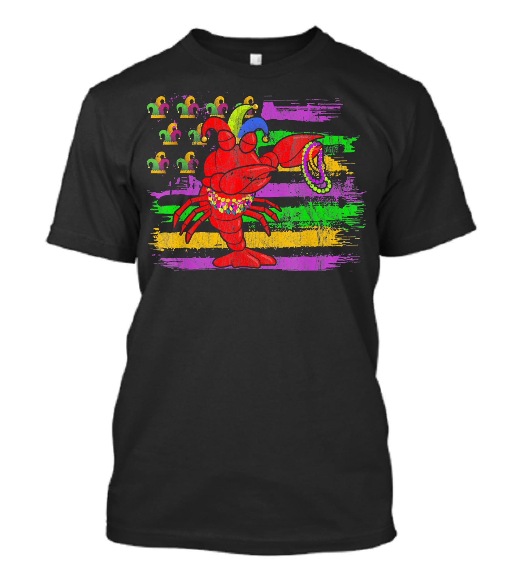 Lobster With Beads And Jester Hats On Mardi Gras Flag Background T-Shirt