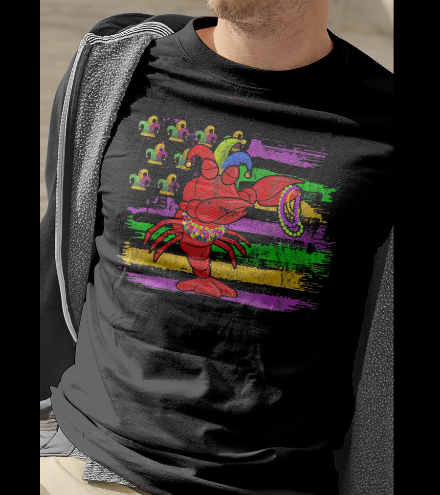 Lobster With Beads And Jester Hats On Mardi Gras Flag Background T-Shirt