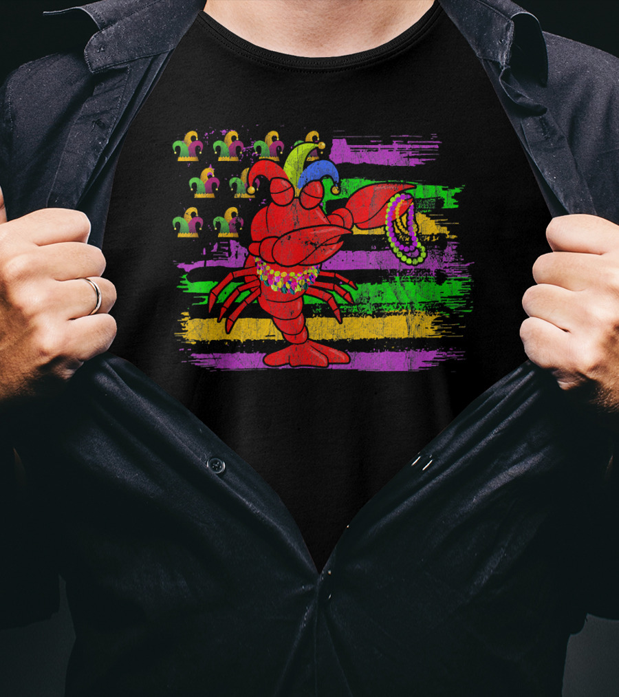 Lobster With Beads And Jester Hats On Mardi Gras Flag Background T-Shirt