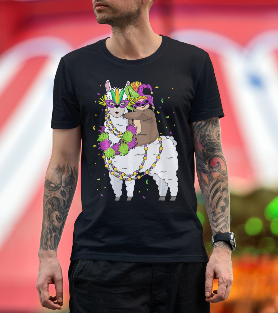 Llama Masked with Beads and Confetti Sloth Mardi Gras T-Shirt