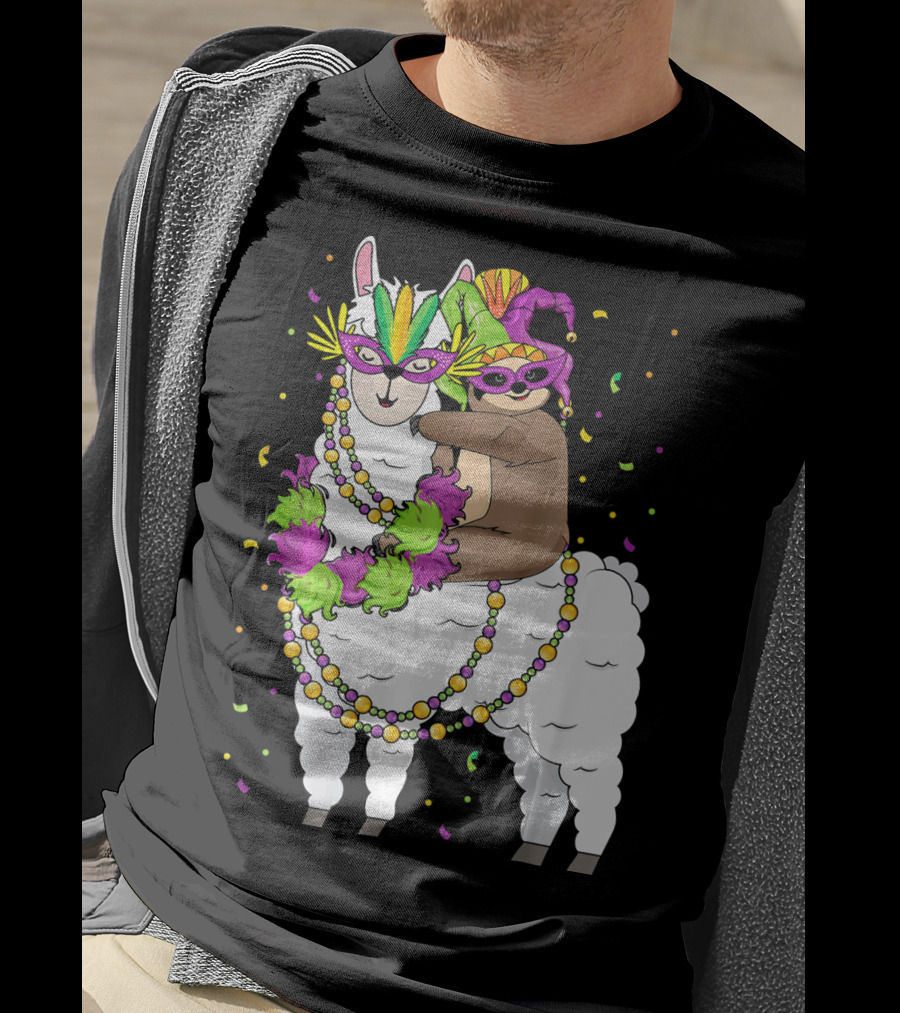 Llama Masked With Beads And Confetti Sloth Mardi Gras T-Shirt