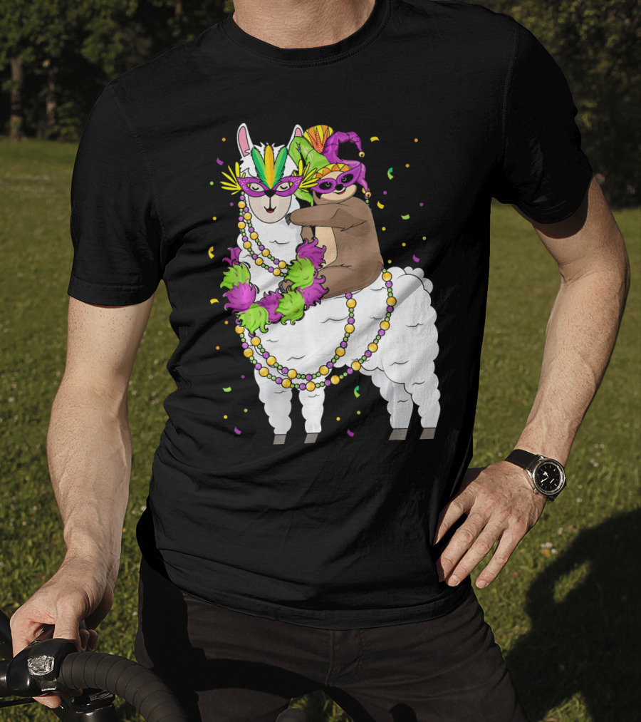 Llama Masked With Beads And Confetti Sloth Mardi Gras T-Shirt