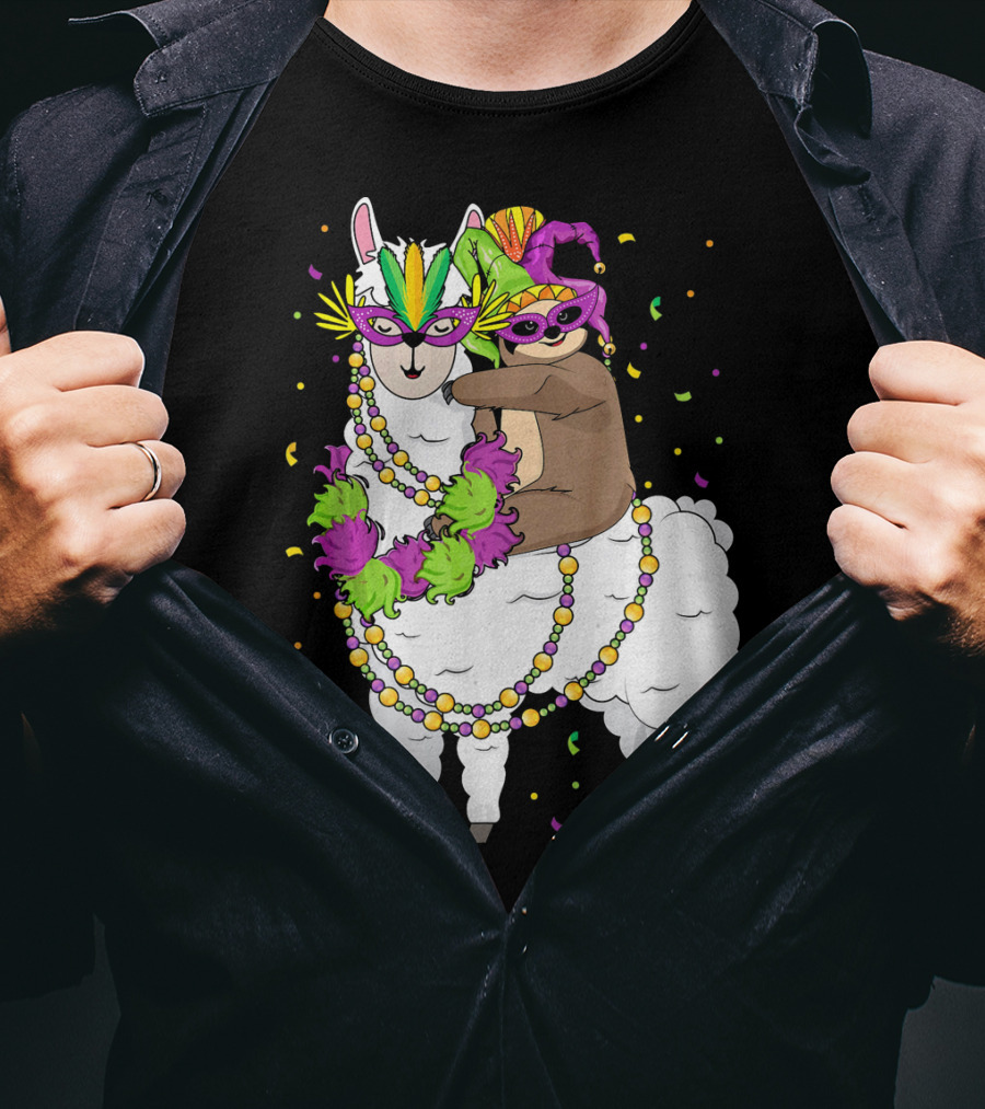 Llama Masked With Beads And Confetti Sloth Mardi Gras T-Shirt
