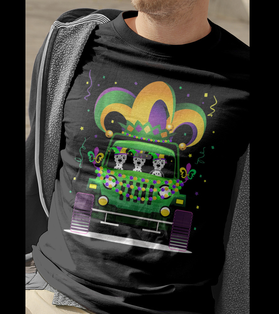 Dalmatian Mardi Gras Jeep Adventure With Jester Hat And Beads T-Shirt