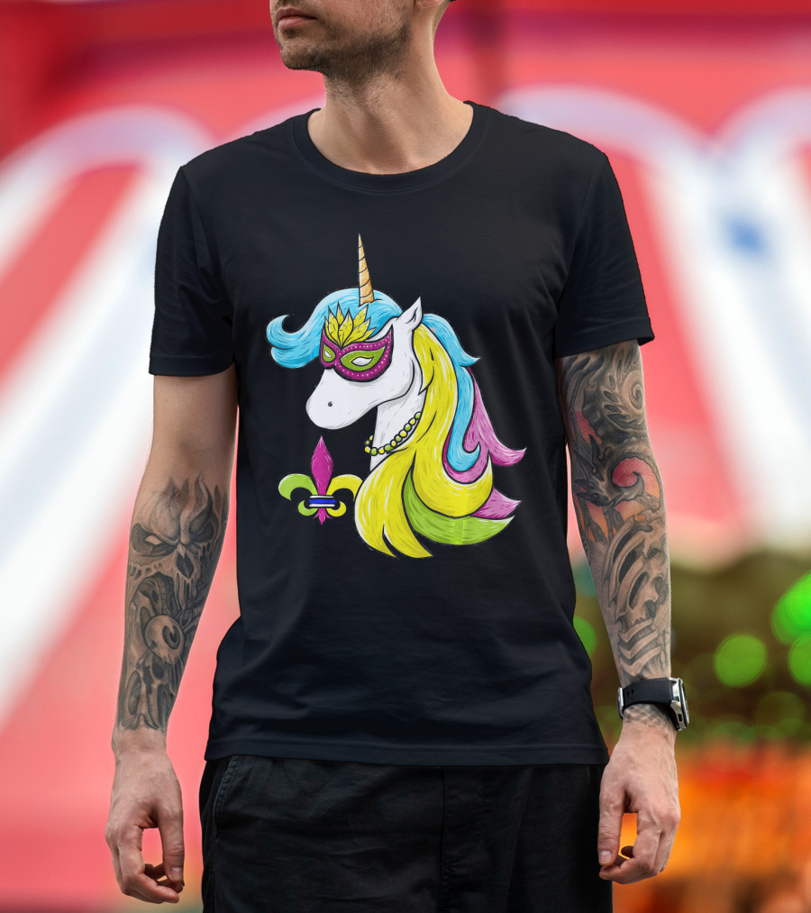 Mardi Gras Unicorn Mask With Fleur-de-Lis And Colorful Hair Fat Tuesday T-Shirt