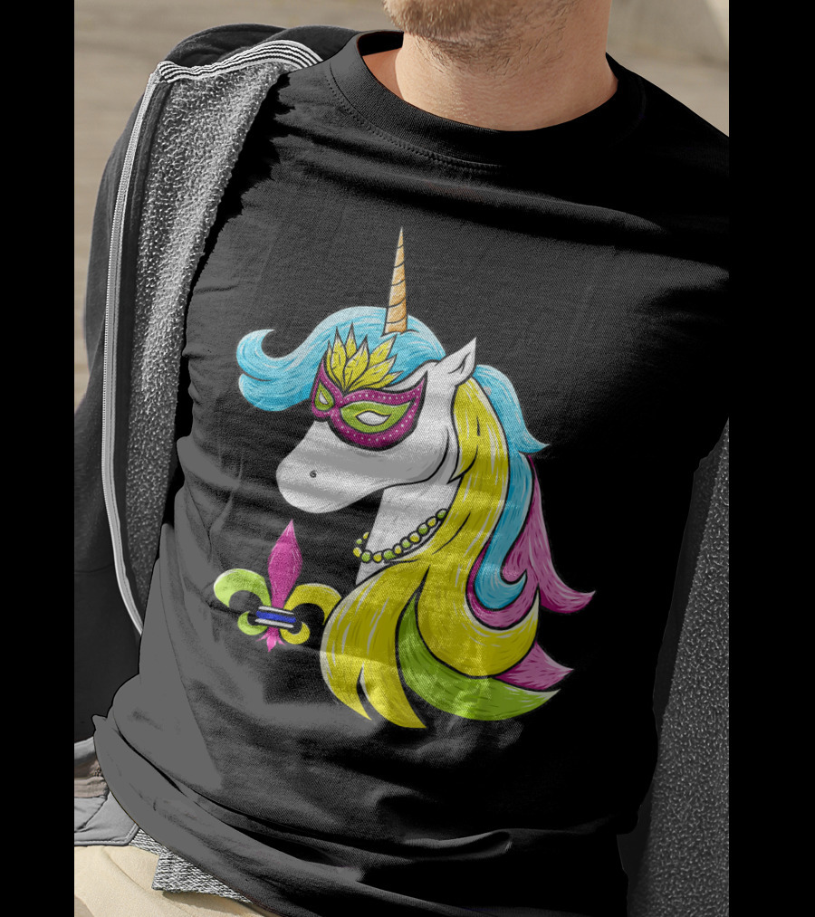 Mardi Gras Unicorn Mask With Fleur-de-Lis And Colorful Hair Fat Tuesday T-Shirt
