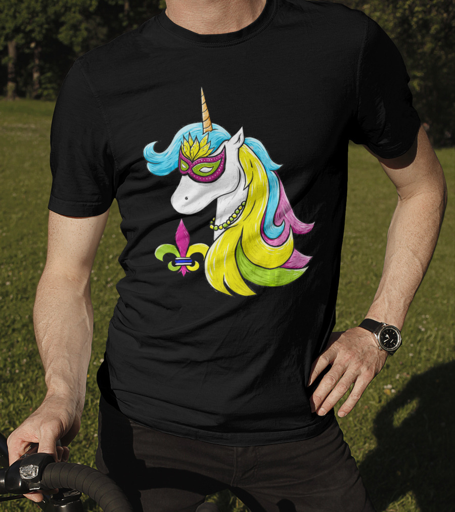 Mardi Gras Unicorn Mask With Fleur-de-Lis And Colorful Hair Fat Tuesday T-Shirt