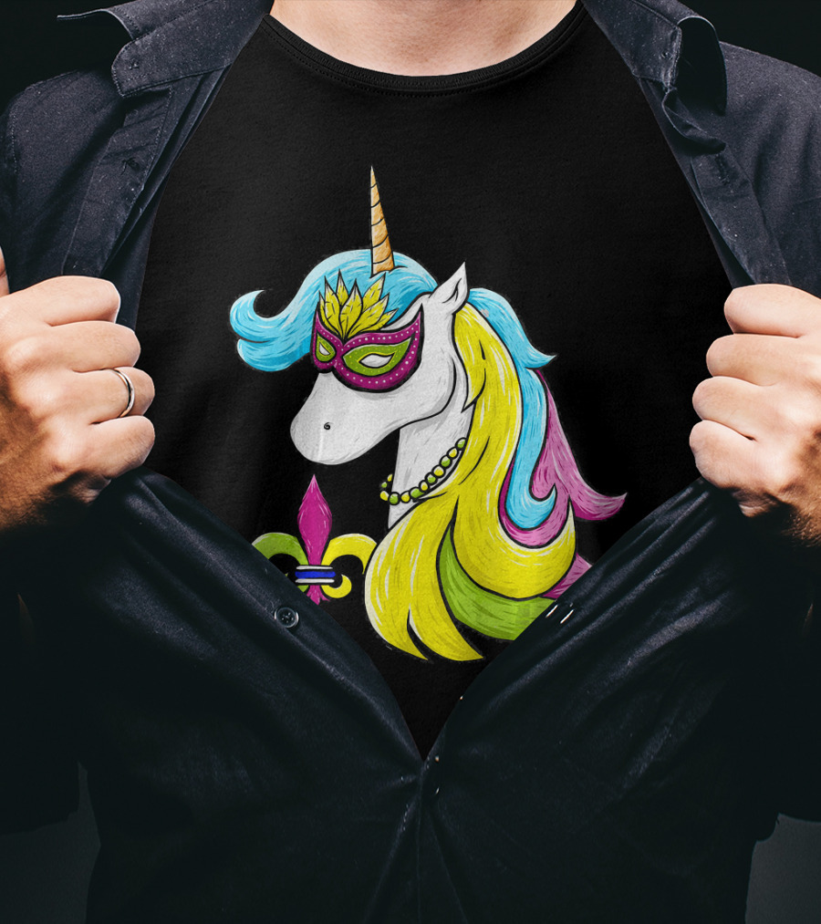 Mardi Gras Unicorn Mask With Fleur-de-Lis And Colorful Hair Fat Tuesday T-Shirt