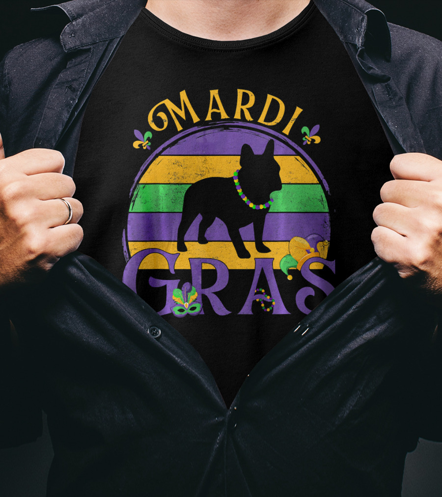 Mardi Gras French Bulldog Beads Festive Celebration Fleur-de-Lis T-Shirt