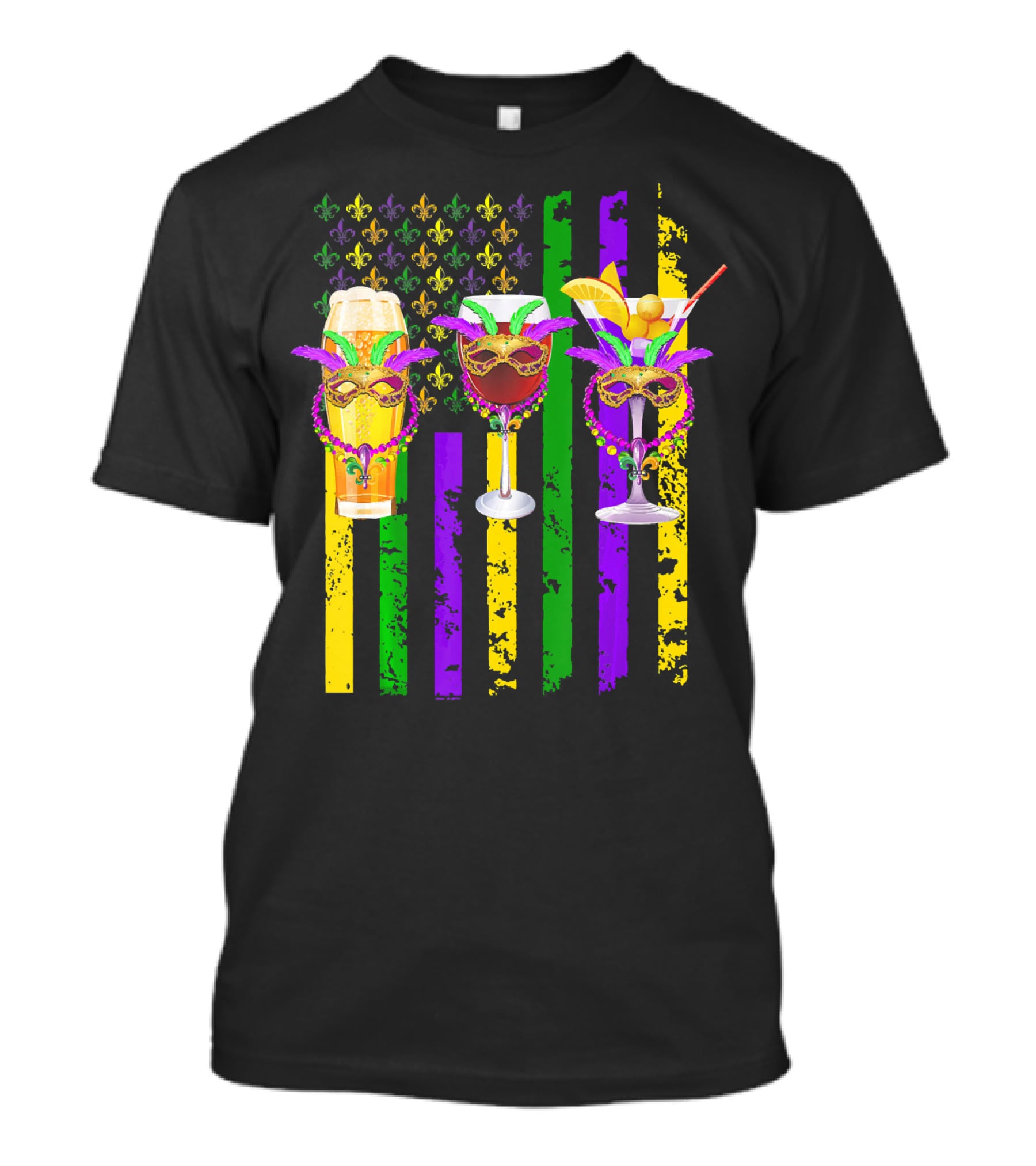 Beer Wine Cocktails With Masks And Beads Fleur-de-Lis Mardi Gras Colors T-Shirt