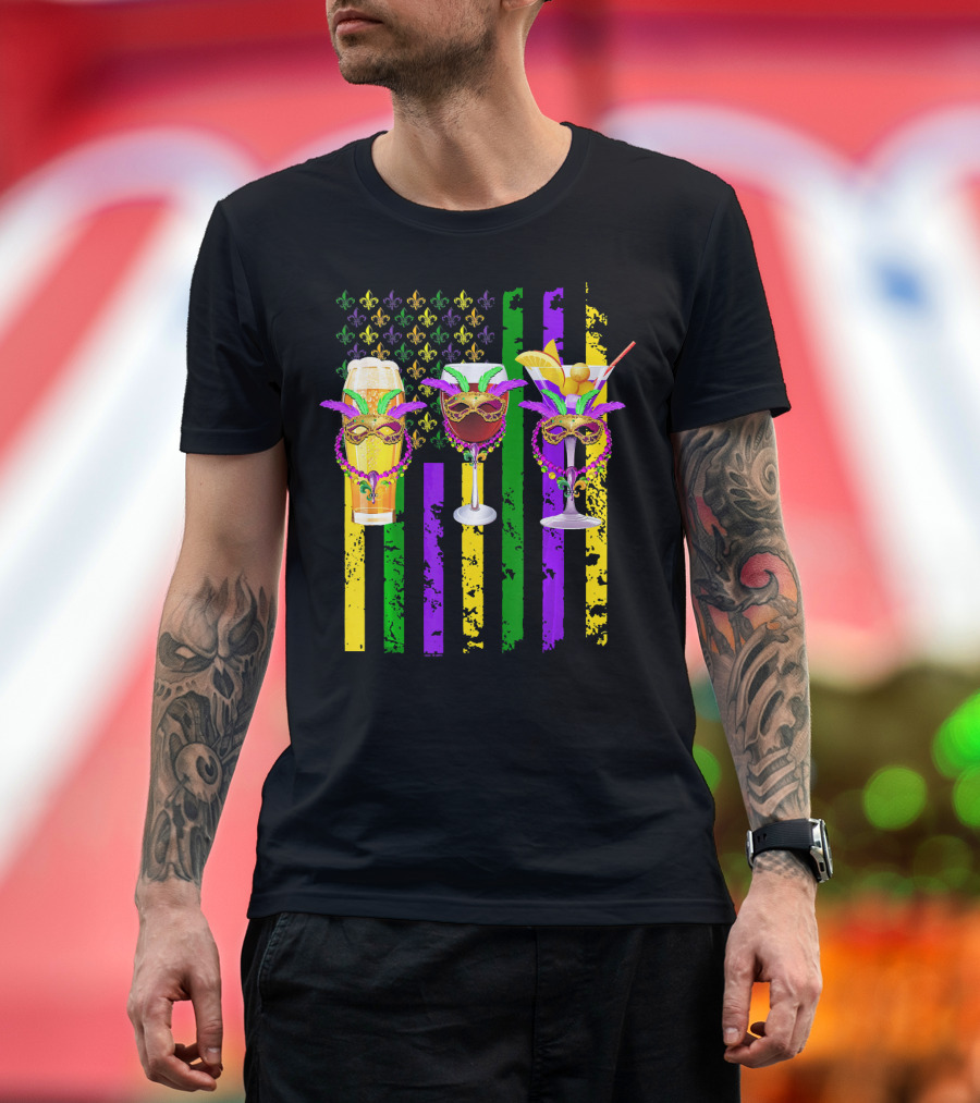 Beer Wine Cocktails with Masks and Beads Fleur-de-Lis Mardi Gras Colors T-Shirt