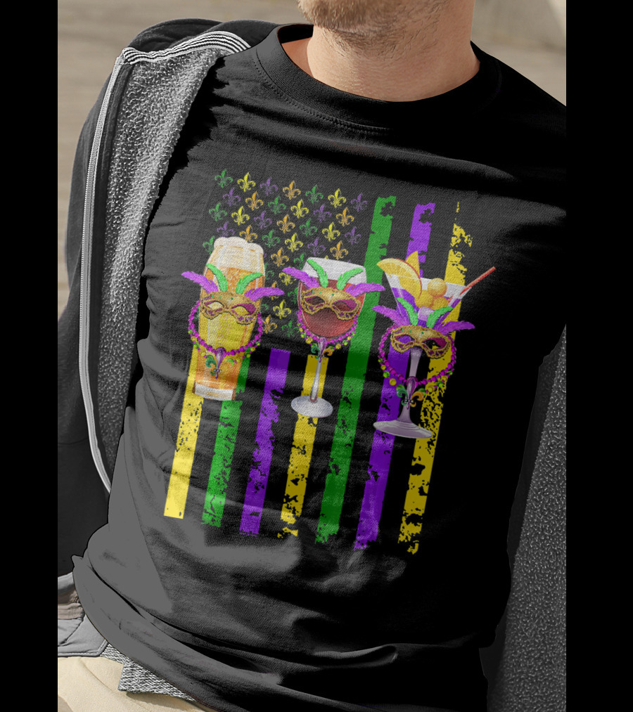 Beer Wine Cocktails With Masks And Beads Fleur-de-Lis Mardi Gras Colors T-Shirt