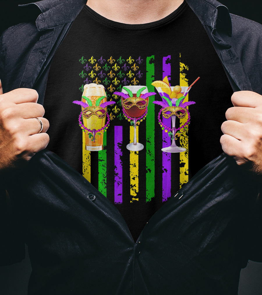 Beer Wine Cocktails With Masks And Beads Fleur-de-Lis Mardi Gras Colors T-Shirt
