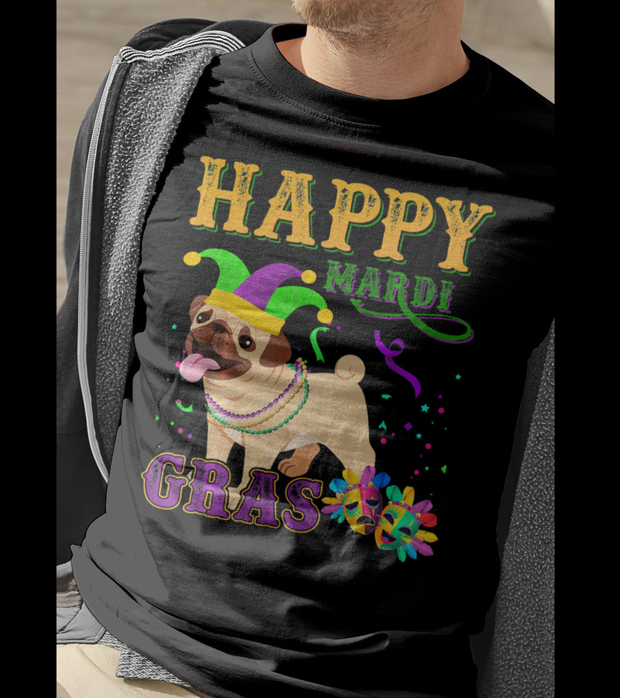 Happy Mardi Gras Pug Dog Costume Party T-Shirt