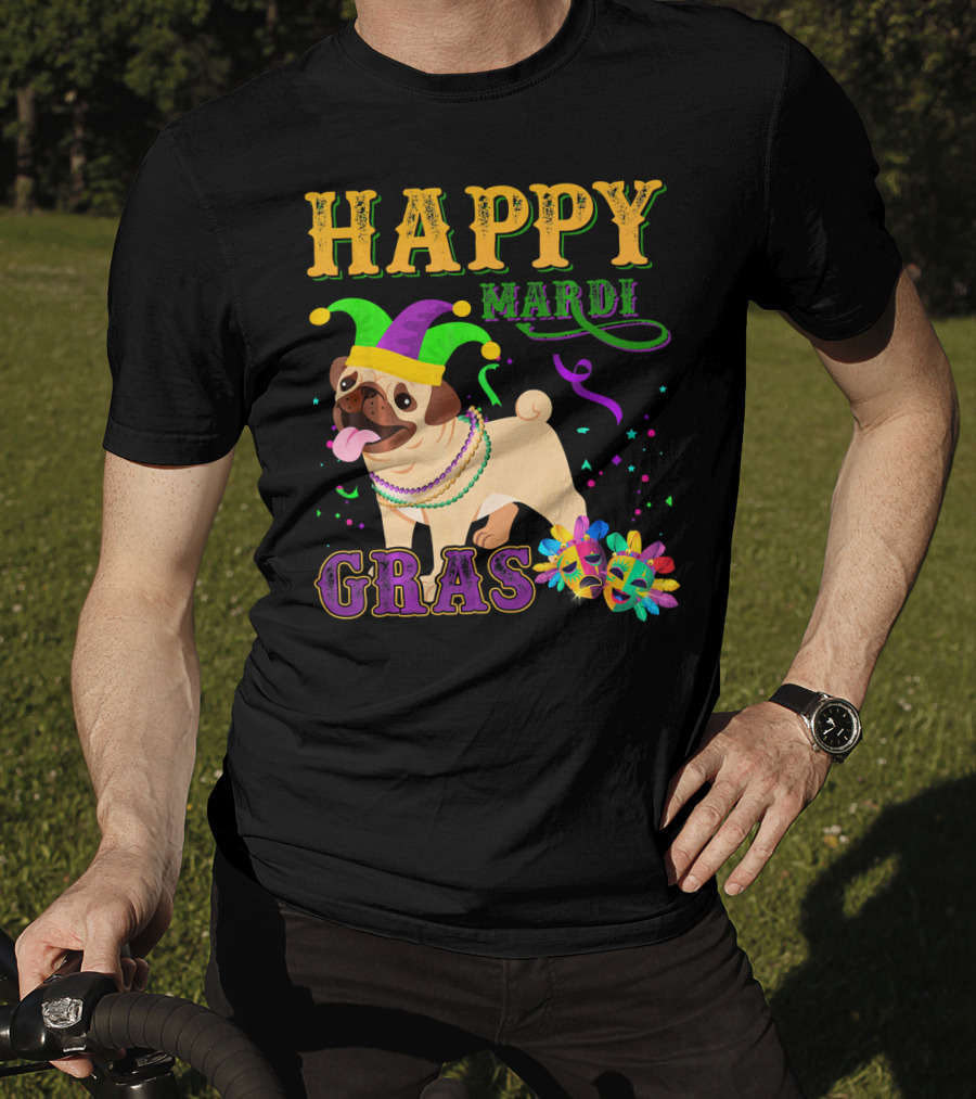 Happy Mardi Gras Pug Dog Costume Party T-Shirt