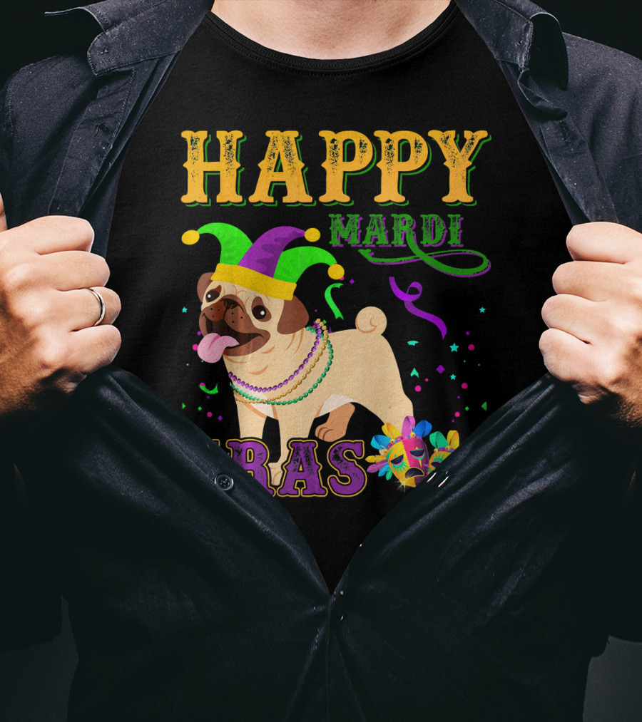 Happy Mardi Gras Pug Dog Costume Party T-Shirt