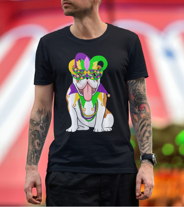Premium T-Shirt: Mardi Gras English Bulldog Mask Beads Costume T-Shirt Mardi Gras English Bulldog Mask Beads Costume T-Shirt