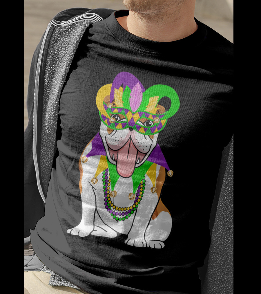 Mardi Gras English Bulldog Mask Beads Costume T-Shirt