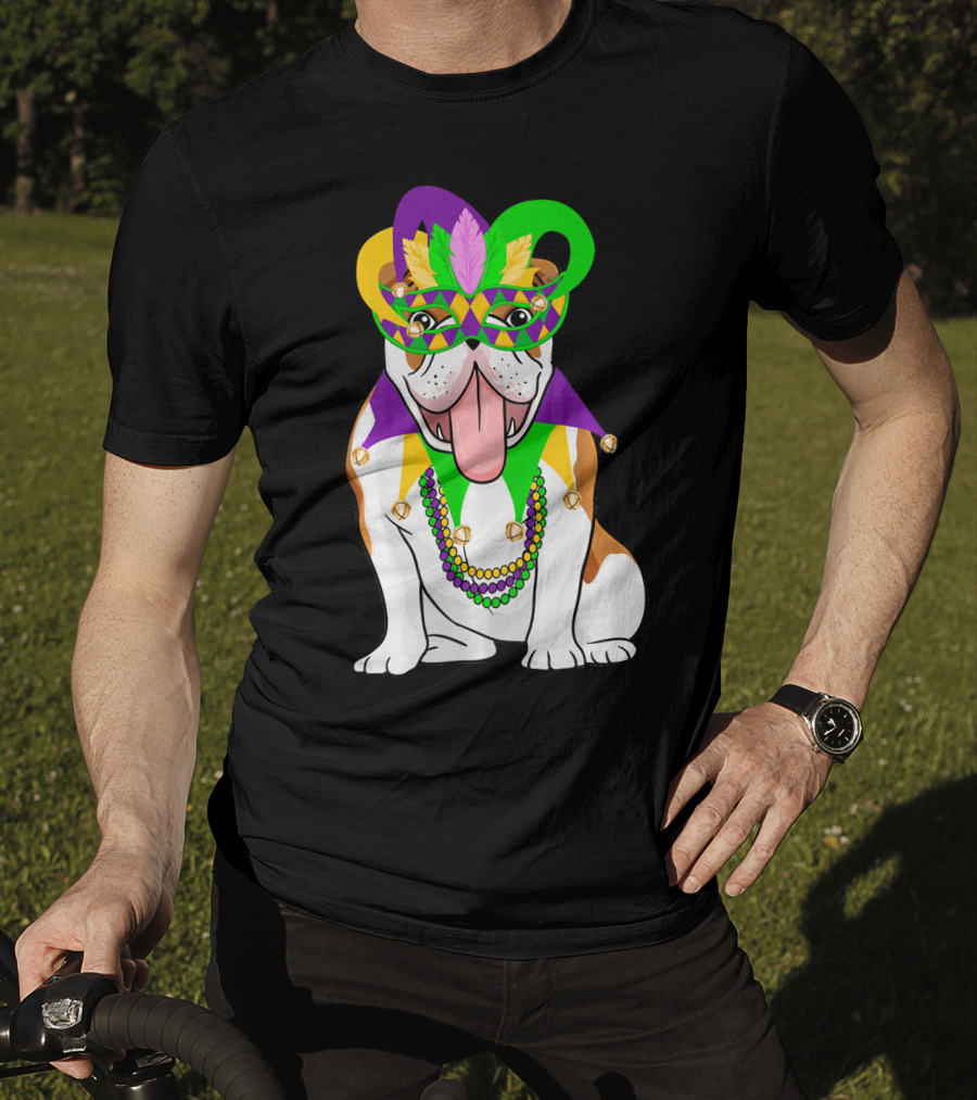 Mardi Gras English Bulldog Mask Beads Costume T-Shirt