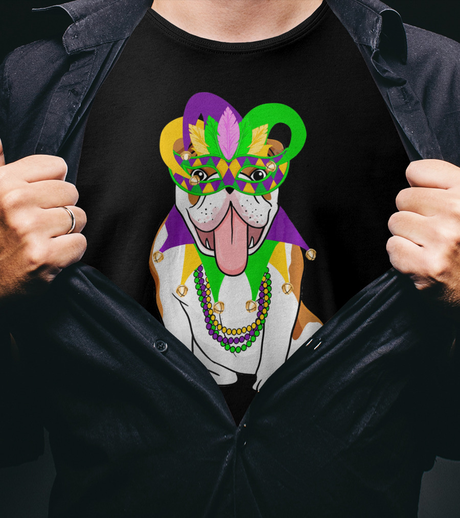 Mardi Gras English Bulldog Mask Beads Costume T-Shirt