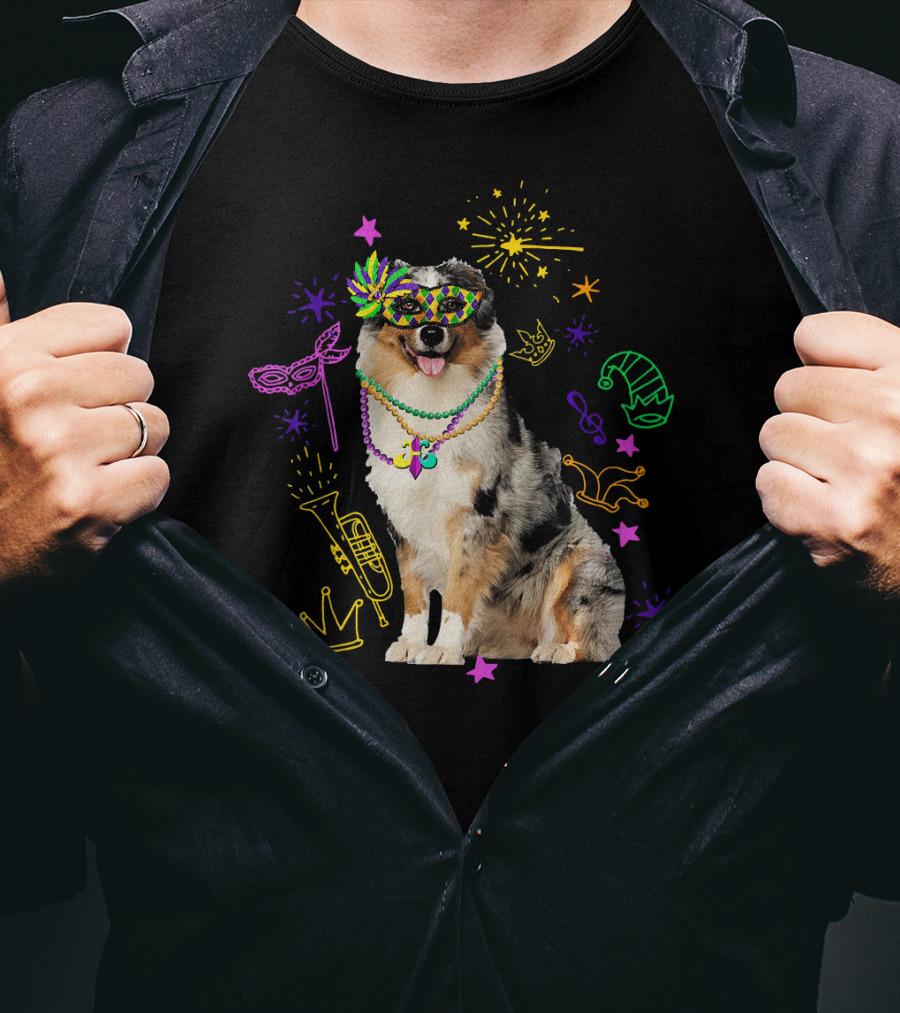 Australian Shepherd Dog With Mardi Gras Beads And Mask T-Shirt