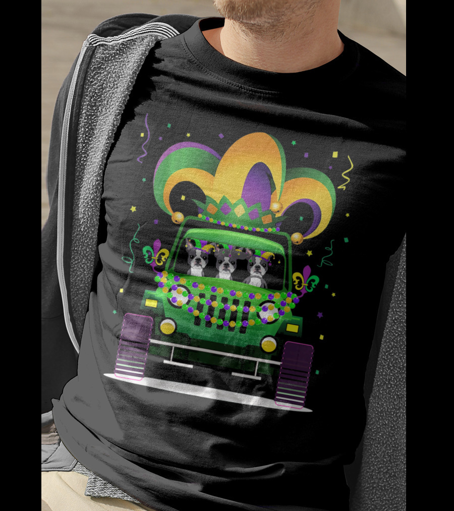 Boston Terrier Jeep Mardi Gras Festive T-Shirt