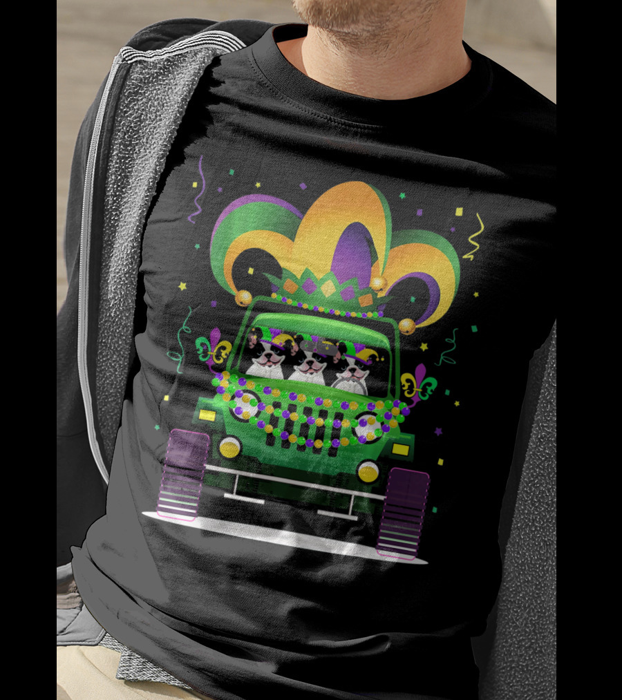 French Bulldog Jeep Mardi Gras Celebration With Colorful Beads And Jester Hat T-Shirt