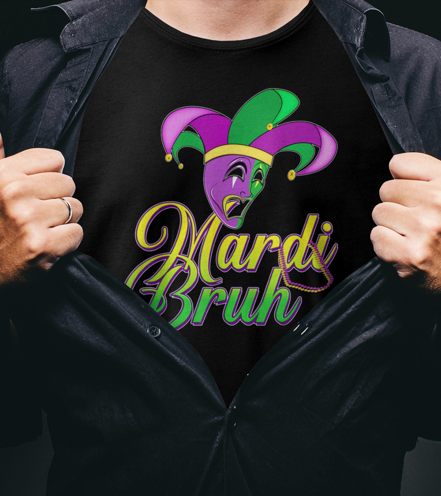 Mardi Bruh Jester Mask And Beads Mens Mardi Gras Funny Coupl T-Shirt