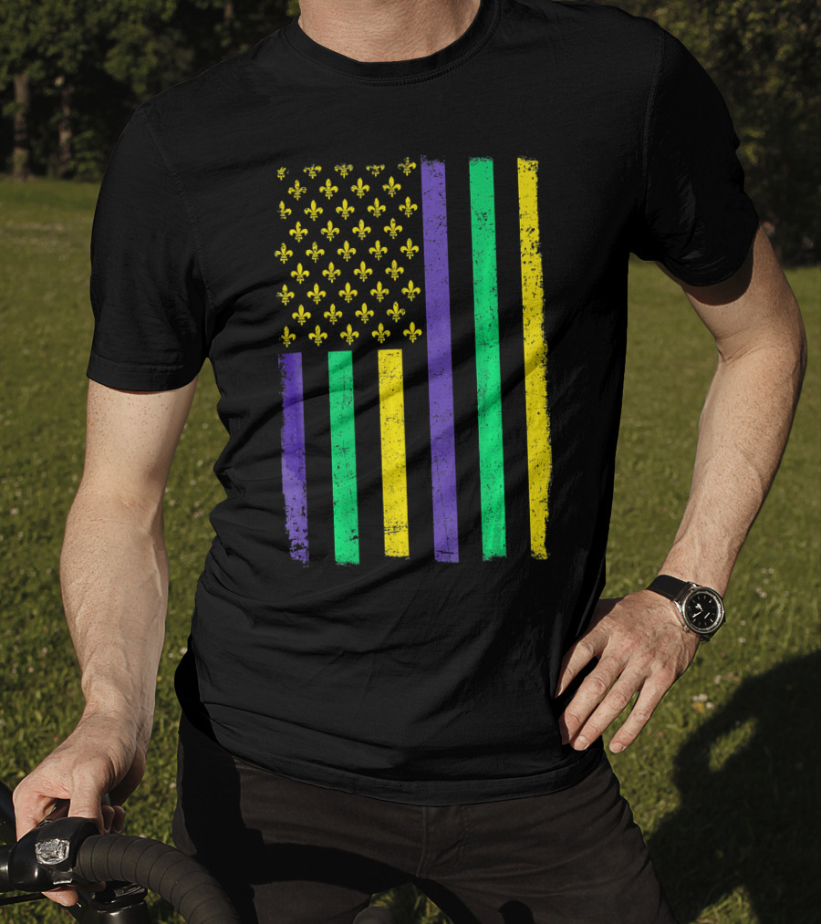 American Flag Mardi Gras Fleur De Lis Stripes T-Shirt