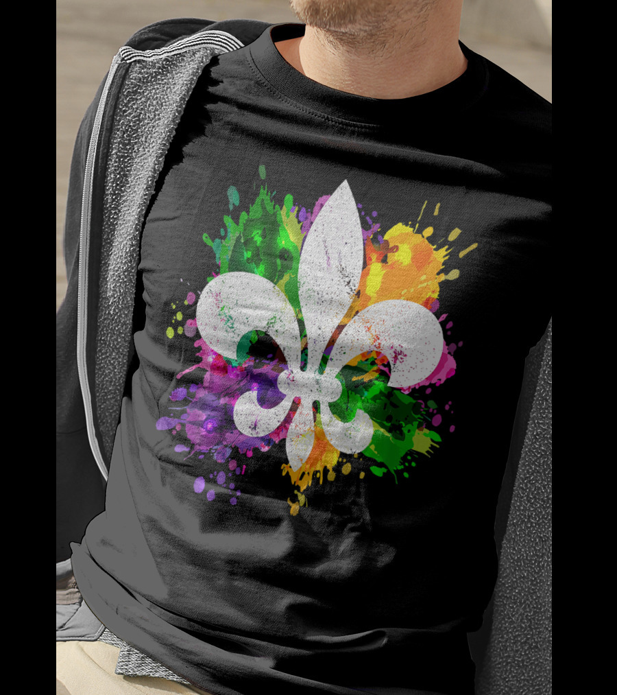 Mardi Gras Fleur De Lis Colorful Splatter Background T-Shirt