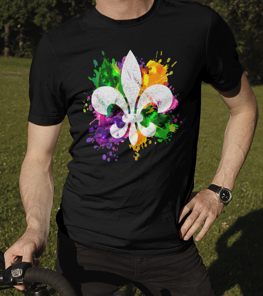 Mardi Gras Fleur De Lis Colorful Splatter Background T-Shirt