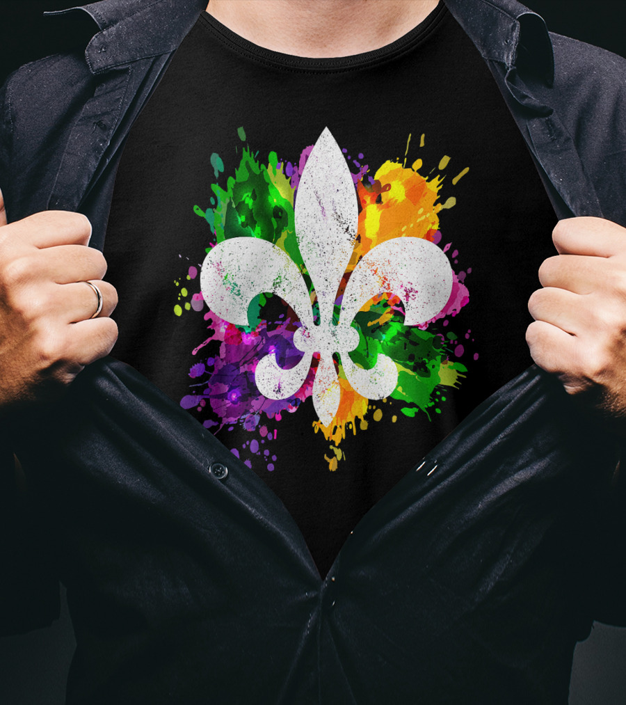 Mardi Gras Fleur De Lis Colorful Splatter Background T-Shirt