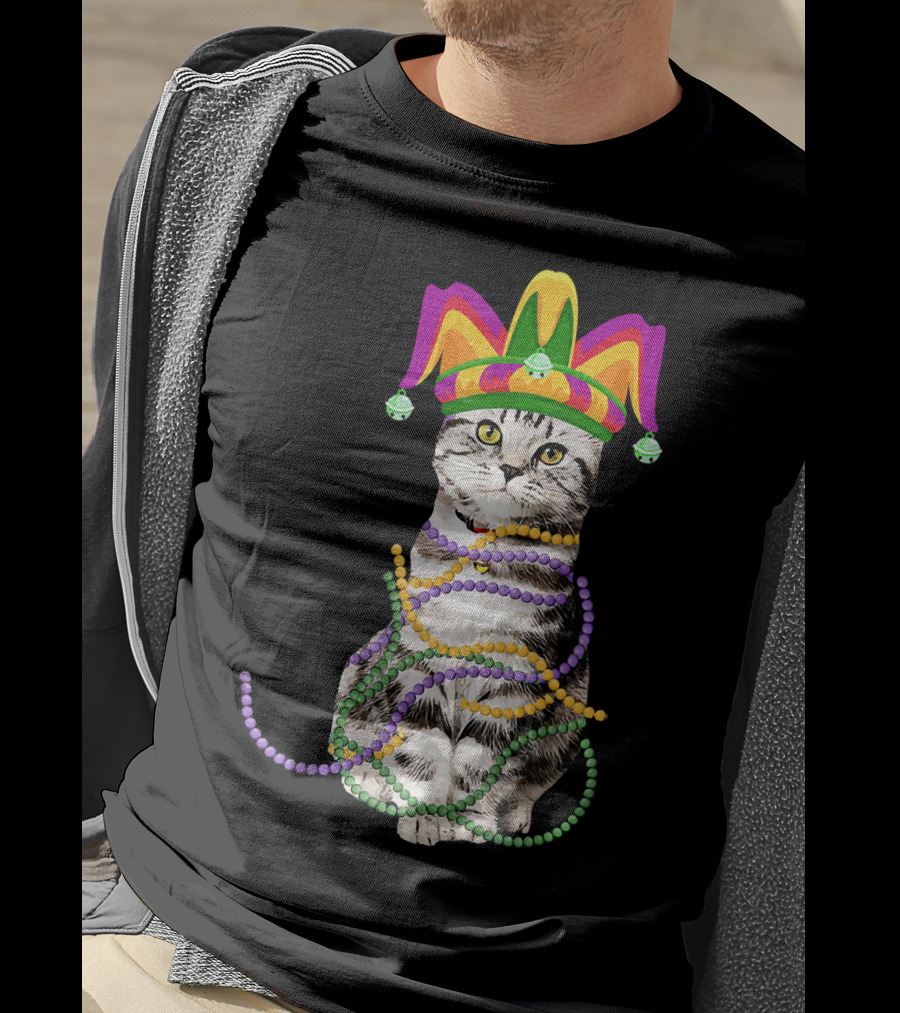 Mardi Gras Cat With Jester Hat And Beads Costume Kitte T-Shirt