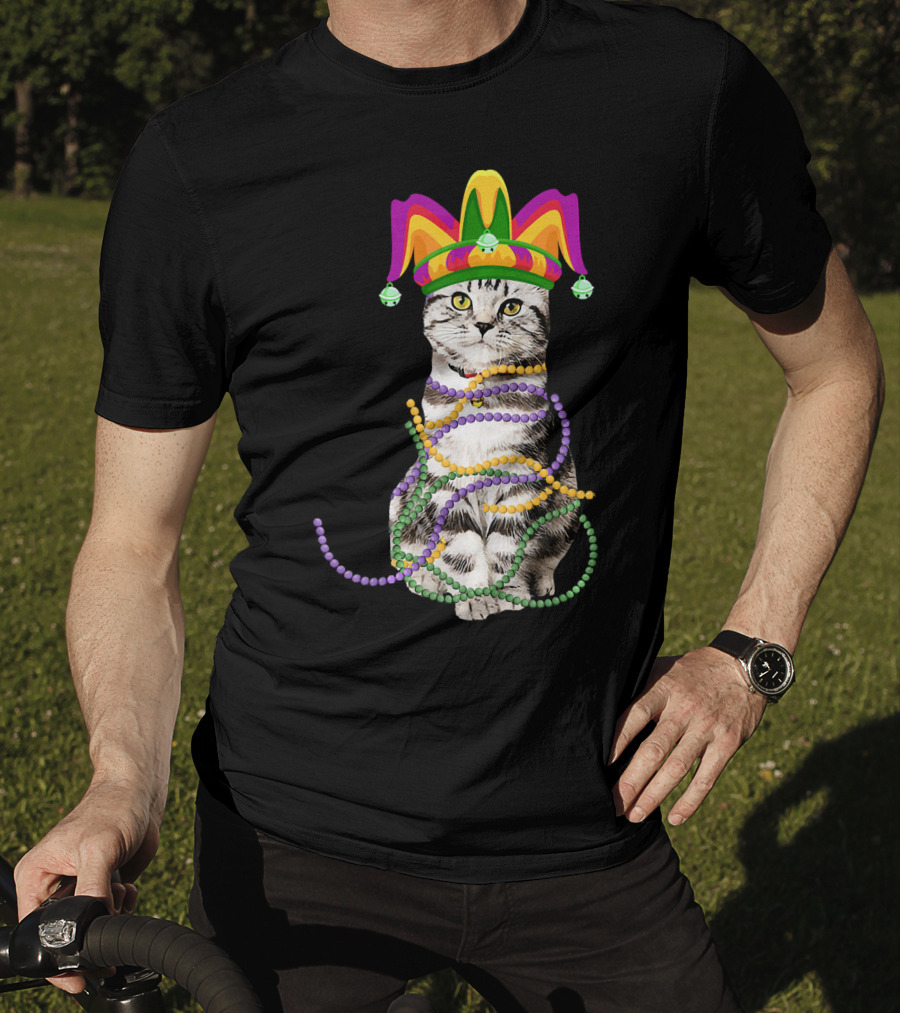Mardi Gras Cat With Jester Hat And Beads Costume Kitte T-Shirt