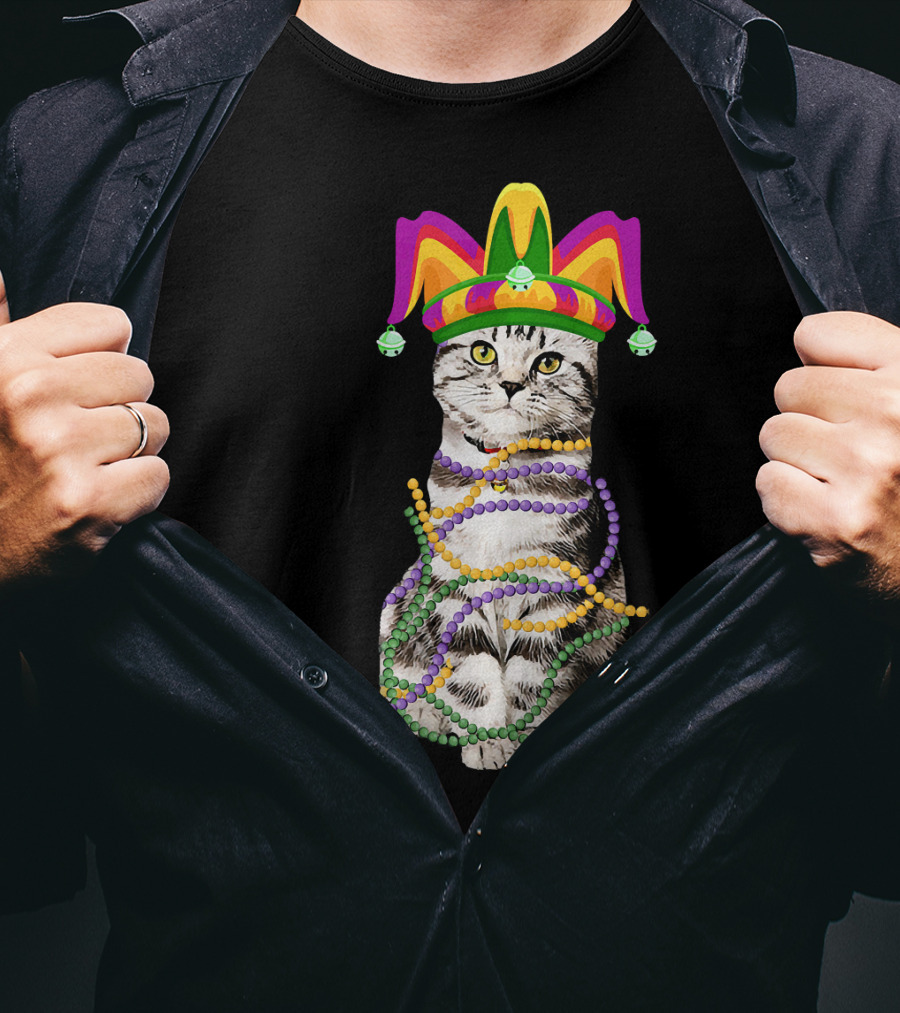Mardi Gras Cat With Jester Hat And Beads Costume Kitte T-Shirt
