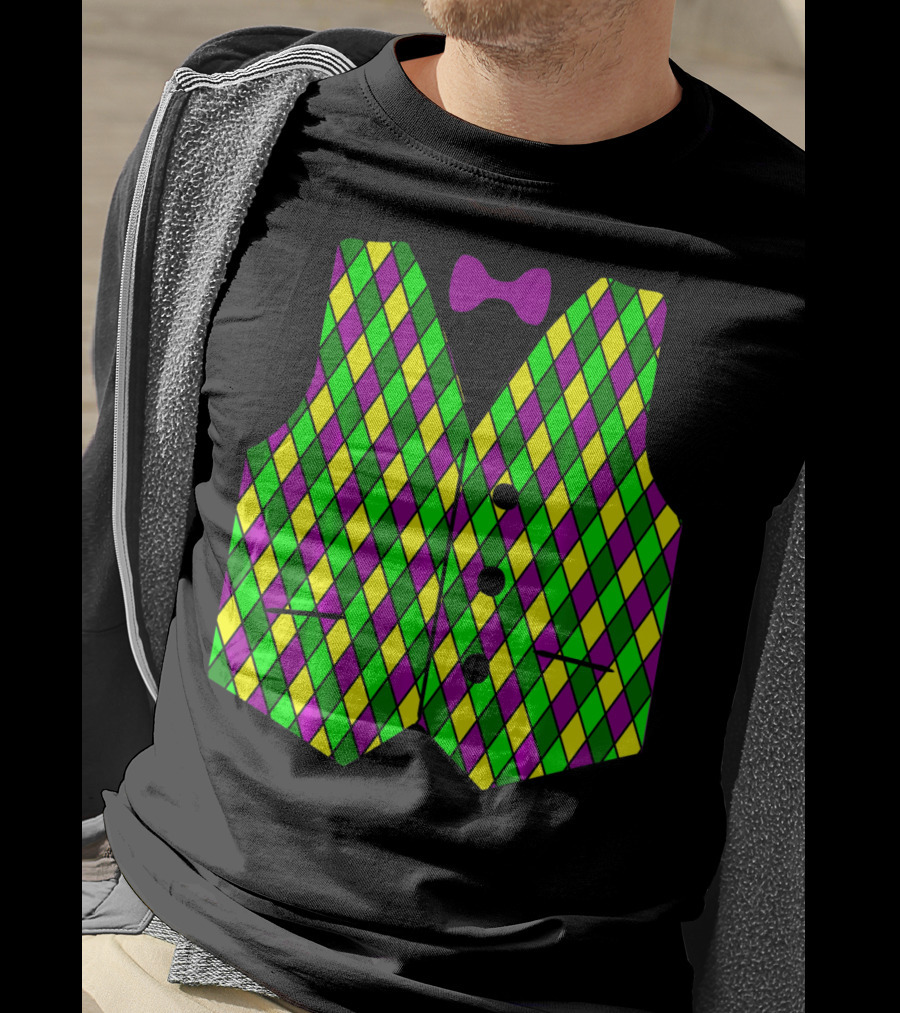 Mardi Gras Vest Harlequin Pattern Diamond Print Bowtie T-Shirt