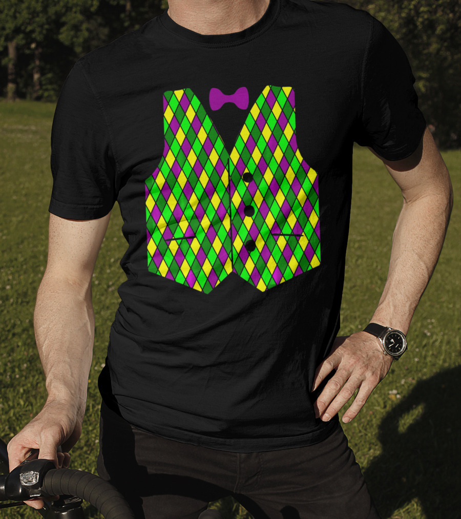 Mardi Gras Vest Harlequin Pattern Diamond Print Bowtie T-Shirt