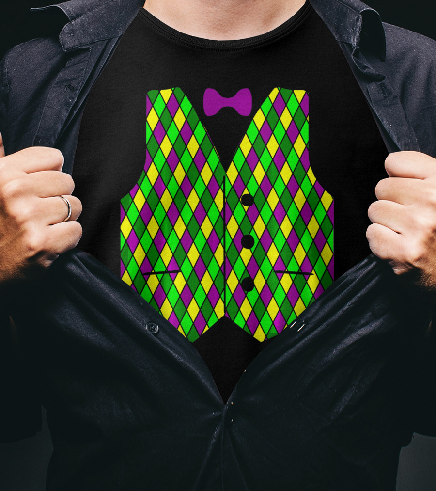 Mardi Gras Vest Harlequin Pattern Diamond Print Bowtie T-Shirt