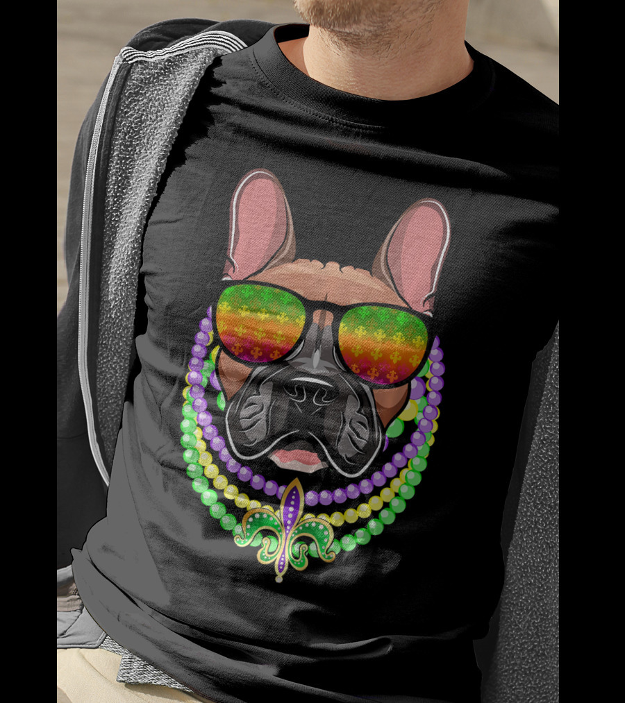 French Bulldog With Beads And Fleur-de-Lis Sunglasses For Mardi Gras T-Shirt