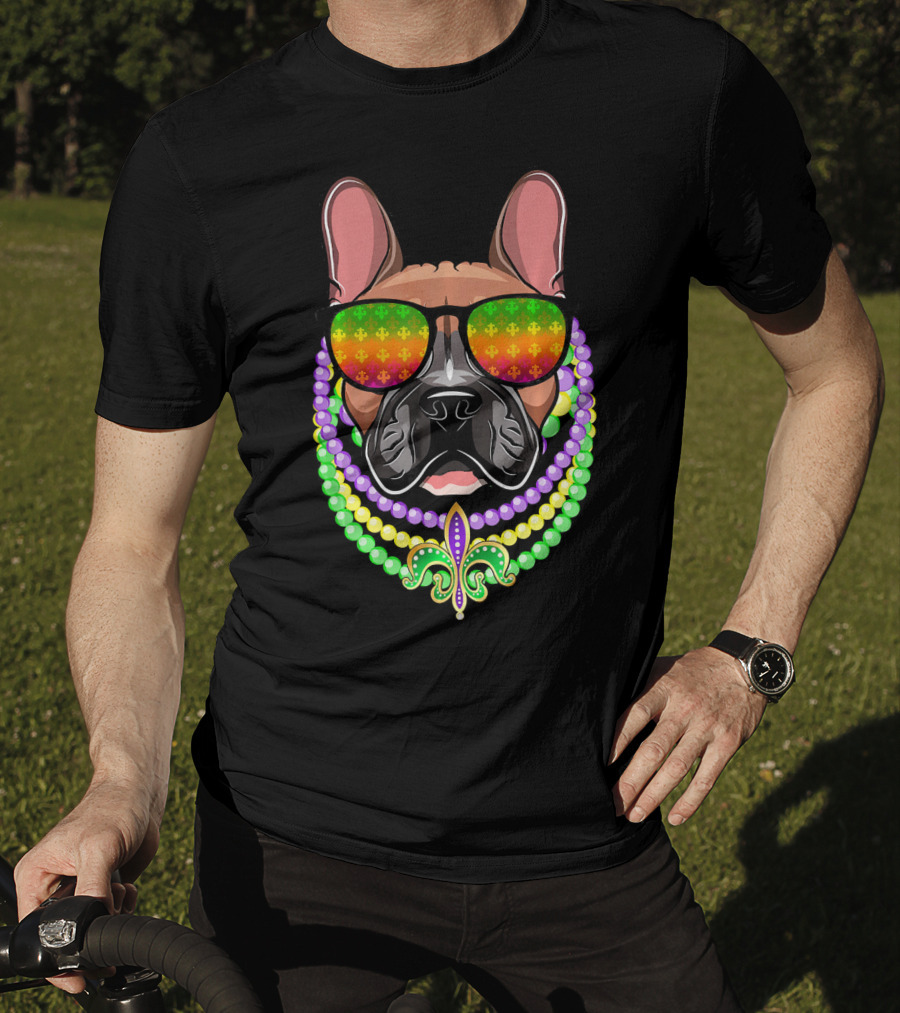 French Bulldog With Beads And Fleur-de-Lis Sunglasses For Mardi Gras T-Shirt
