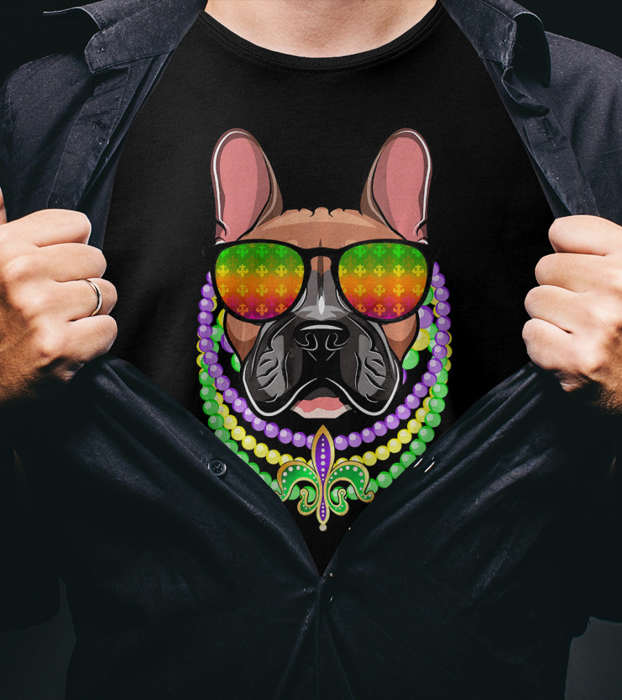 French Bulldog With Beads And Fleur-de-Lis Sunglasses For Mardi Gras T-Shirt