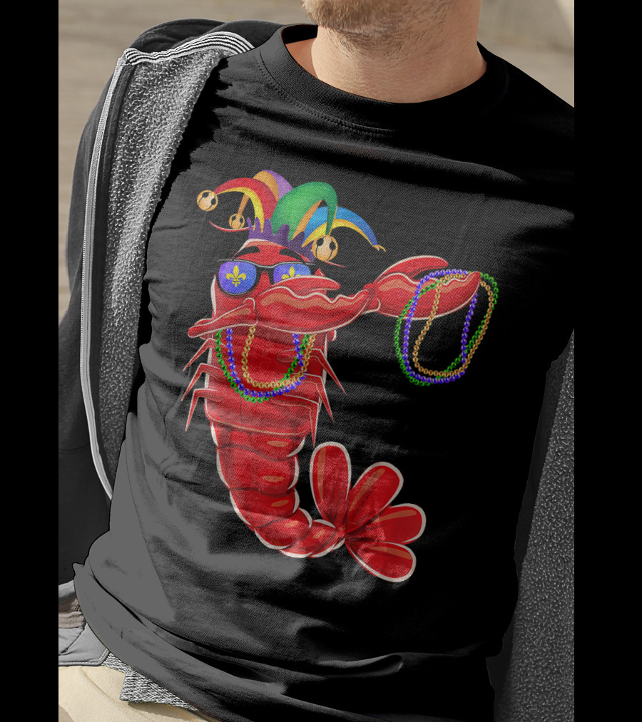 Mardi Gras Lobster Dabbing With Colorful Beads And Jester Hat T-Shirt