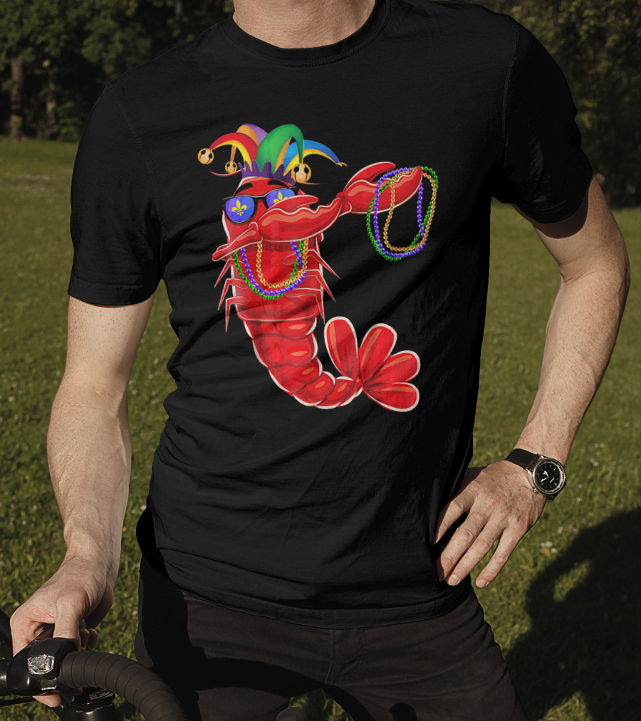 Mardi Gras Lobster Dabbing With Colorful Beads And Jester Hat T-Shirt
