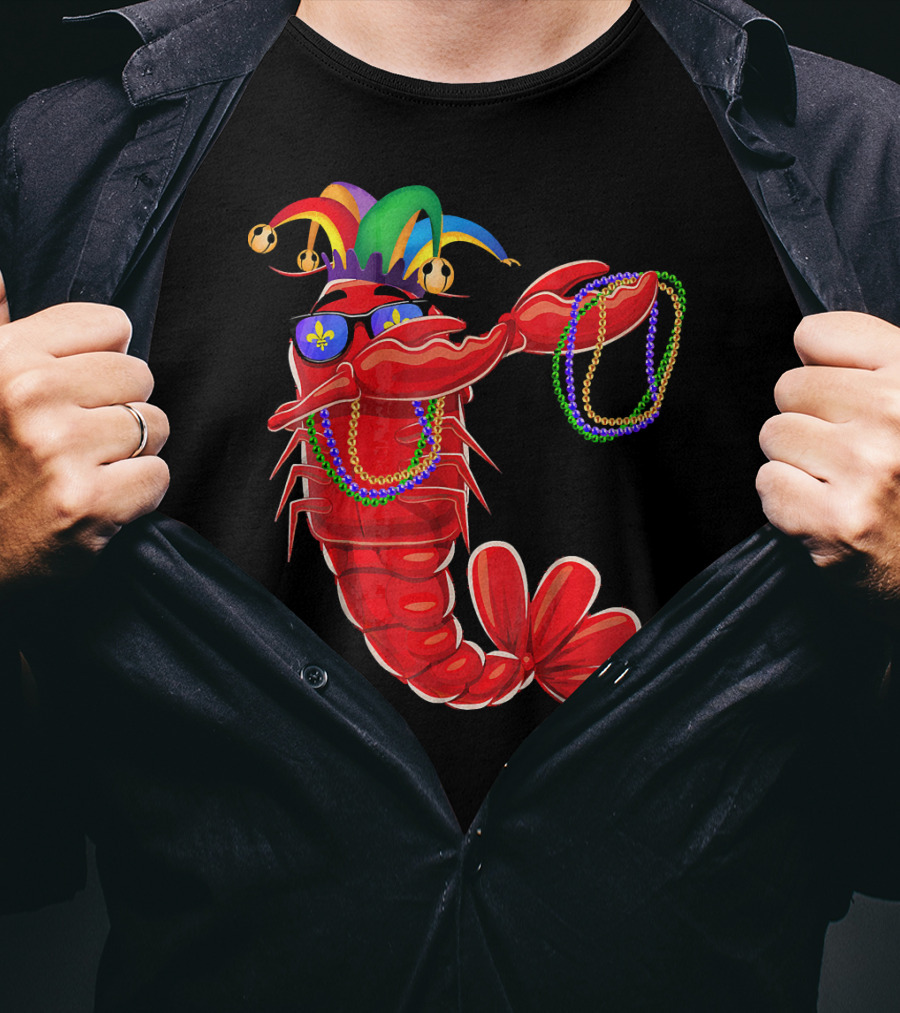 Mardi Gras Lobster Dabbing With Colorful Beads And Jester Hat T-Shirt